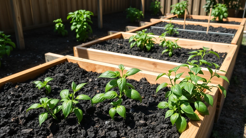 Raised garden beds filled with rich dark soil in a sunny Houston backyard, with green pepper plants and basil growing, wooden frame construction visible