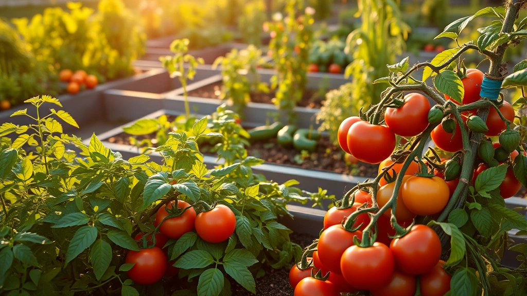 Lush vegetable garden with ripe tomatoes, peppers, and herbs growing in organized raised beds during golden hour sunlight, showing healthy green foliage and mature plants ready for harvest