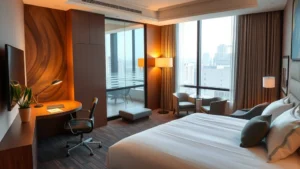 Professional hotel bedroom with king bed, modern furnishings, desk workspace, warm lighting, and plant on nightstand, photorealistic interior design