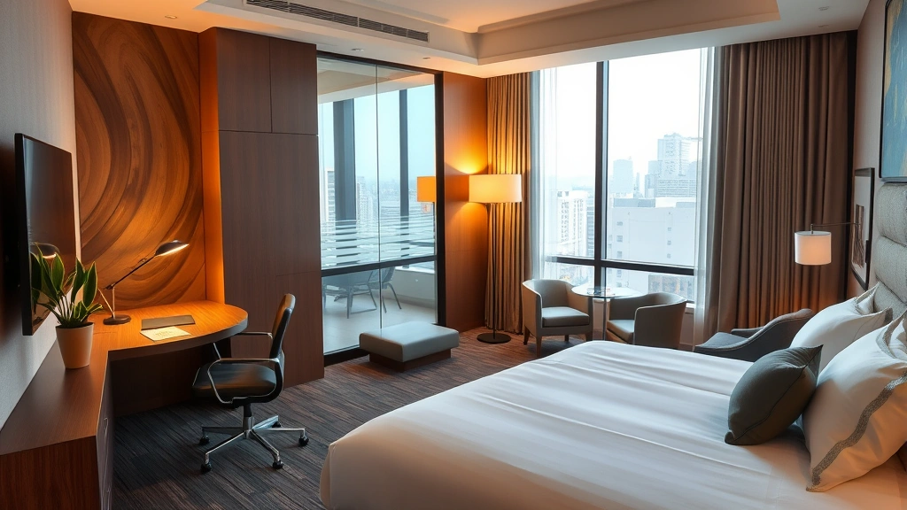 Professional hotel bedroom with king bed, modern furnishings, desk workspace, warm lighting, and plant on nightstand, photorealistic interior design