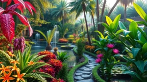 Lush tropical garden with vibrant flowering plants, water features, and winding pathways in afternoon sunlight, photorealistic botanical landscape