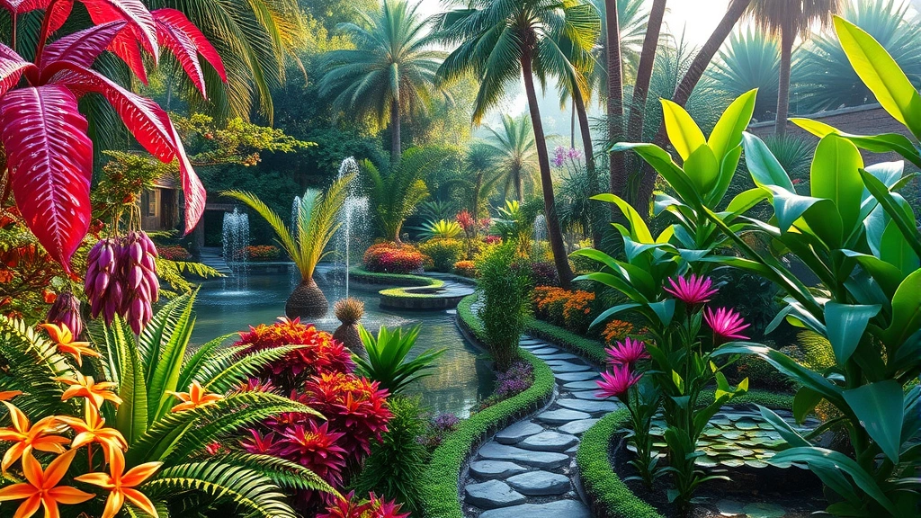 Lush tropical garden with vibrant flowering plants, water features, and winding pathways in afternoon sunlight, photorealistic botanical landscape
