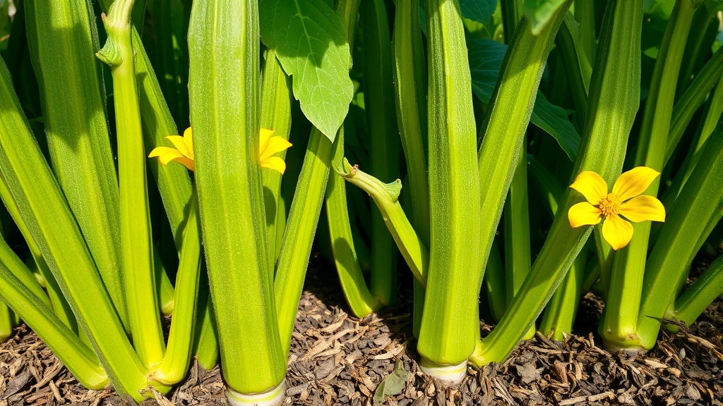 Close-up of lush green okra plants with yellow flowers blooming in intense summer heat, thick mulch layer visible at soil base
