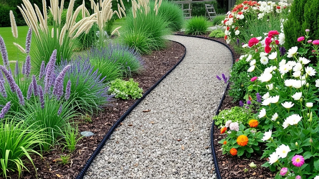 Well-maintained garden pathway lined with mulched beds containing thriving perennials, ornamental grasses, and flowering plants in various stages of bloom, demonstrating seasonal color coordination and garden design principles