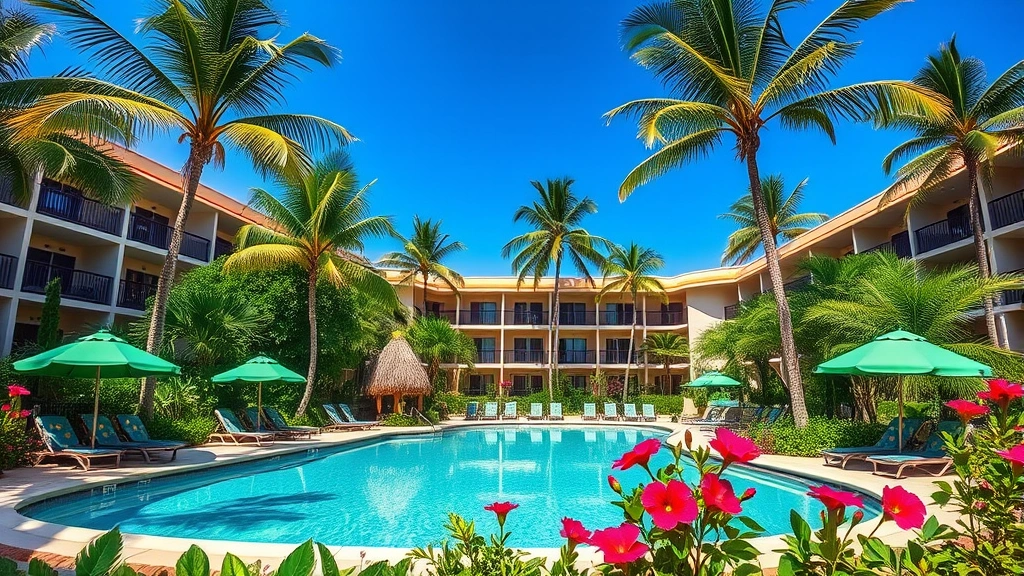 Hotel pool area surrounded by tropical plants, palm trees, flowering hibiscus, lounging chairs with green umbrellas, clear water reflecting blue sky