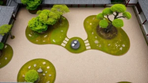 Overhead view of traditional Japanese temple garden with carefully raked gravel paths, moss-covered ground, and strategically placed rocks and pruned trees in serene natural setting, showing intricate garden design patterns