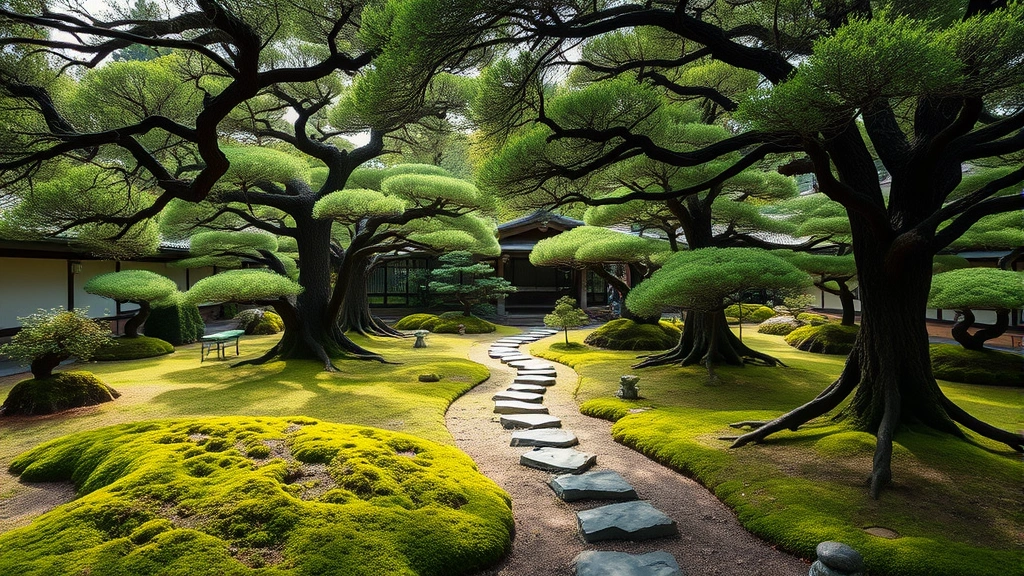 Traditional Japanese garden with moss-covered ground, specimen trees with intricate pruning, stepping stone path through shade garden, natural light filtering through canopy, peaceful composition with balanced negative space