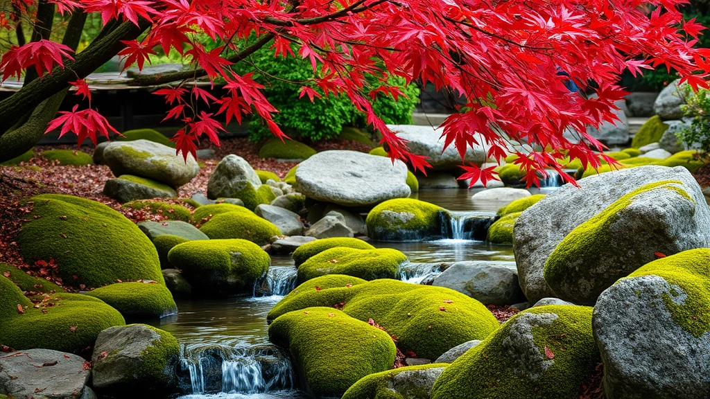 Close-up of Japanese garden landscaping featuring moss-covered stones, flowing water stream, overhanging maple tree branches with red autumn foliage, and carefully arranged boulders creating natural aesthetic composition