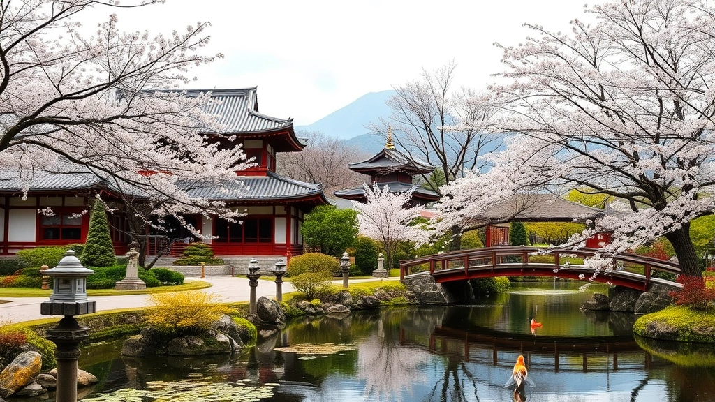 Wide landscape shot of Kyoto temple garden with blooming cherry blossom trees, traditional stone lanterns, wooden bridge over koi pond, and layered mountain backdrop showing seasonal spring garden in full flourish