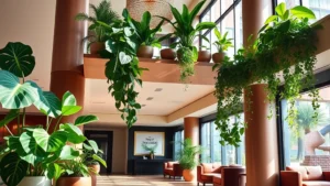A vibrant hotel lobby interior featuring lush potted plants including fiddle leaf figs, monstera deliciosa, and trailing pothos cascading from shelves, with natural light streaming through large windows illuminating the green foliage
