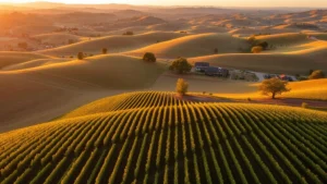 Aerial view of Livermore Valley wine country with vineyard rows and native oak trees on rolling hills during golden hour sunset light