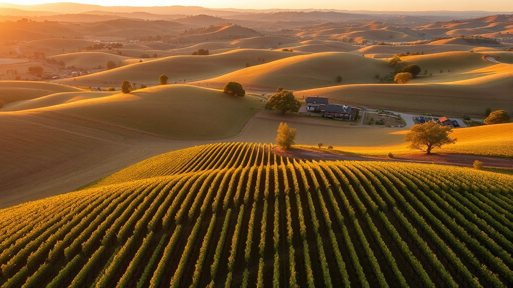Aerial view of Livermore Valley wine country with vineyard rows and native oak trees on rolling hills during golden hour sunset light