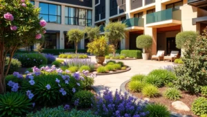 Professional hotel courtyard garden with layered plantings, flowering shrubs, and manicured landscape featuring purple flowers, green foliage, and decorative hardscaping elements in warm sunlight