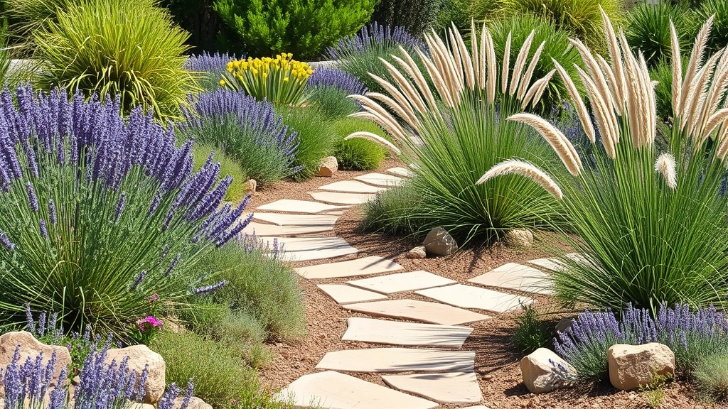 Lush Mediterranean garden landscape with drought-resistant plants including sage, lavender, and ornamental grasses thriving in California sunshine with natural stone pathways