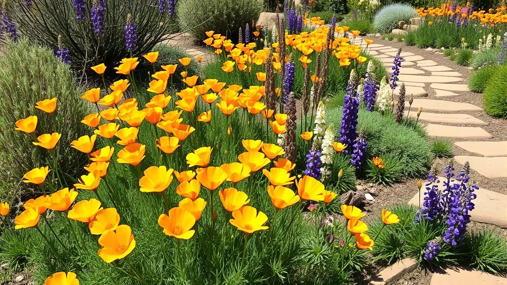 A California native plant garden in full spring bloom with California poppies, lupines, and sage species thriving in sunny conditions with drought-tolerant landscaping and natural stone pathways