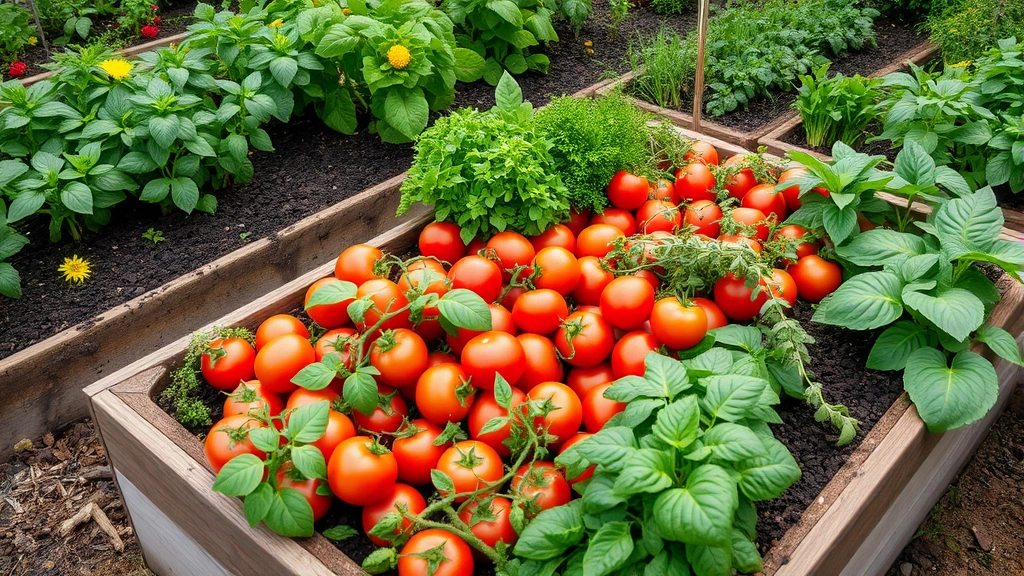 Raised garden bed overflowing with ripe tomatoes, fresh herbs, and vegetable plants in organized rows with rich dark soil and green foliage creating abundant productivity