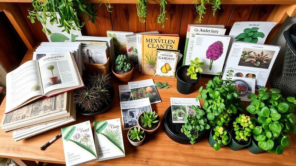 A well-organized home garden workspace showing gardening journals, plant identification guides, seed packets, and photographs of botanical specimens arranged on a wooden potting bench with potted succulents and herb plants
