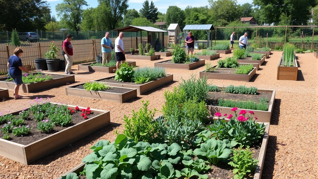 Outdoor community garden beds with diverse vegetables and flowering plants, raised garden structures, mulched pathways, and gardeners tending plants on sunny day