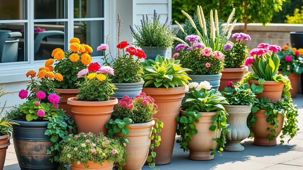 Container garden display on patio featuring various sized pots with colorful flowering plants, trailing ivy, and ornamental foliage creating professional hotel-quality aesthetic in natural daylight