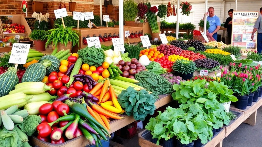 Farmers market scene with colorful fresh produce displays, heirloom vegetables, and potted plants for sale, representing local agricultural heritage and seasonal plant varieties