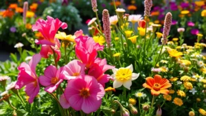Vibrant spring garden in Los Angeles with snapdragons, ranunculus, and sweet alyssum blooming together in mixed beds, soft morning sunlight on delicate petals