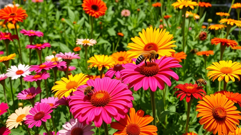 Summer flowering garden bursting with zinnias, cosmos, sunflowers, and marigolds in full sun, bees and butterflies actively pollinating colorful blooms