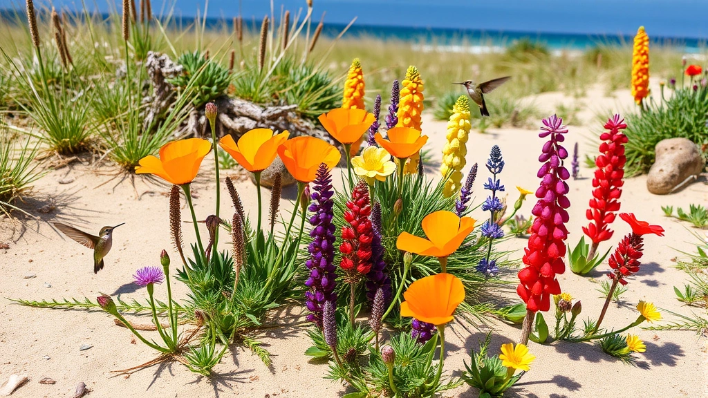 Coastal California native wildflowers including California poppies, lupines, and buckwheat thriving in sandy soil with ocean breeze, hummingbirds visiting red tubular flowers