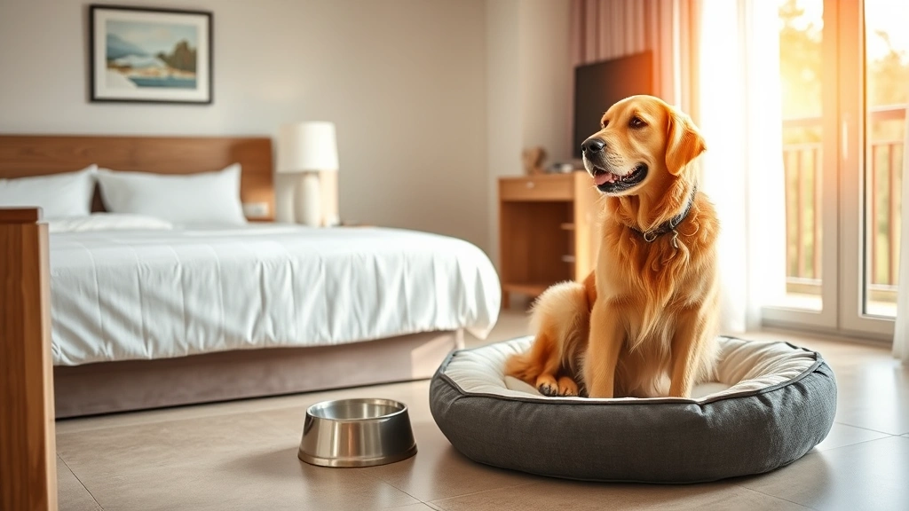 Golden retriever sitting on comfortable pet bed in modern hotel room with tile flooring and water bowl nearby, warm afternoon light from window