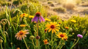 Lush native Texas wildflowers including purple prairie coneflower and golden desert marigold blooming in morning sunlight with natural landscape background