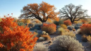 Lubbock Texas landscape with native desert shrubs, flameleaf sumac with orange-red foliage, and bur oak trees creating natural shade patterns in bright sunlight