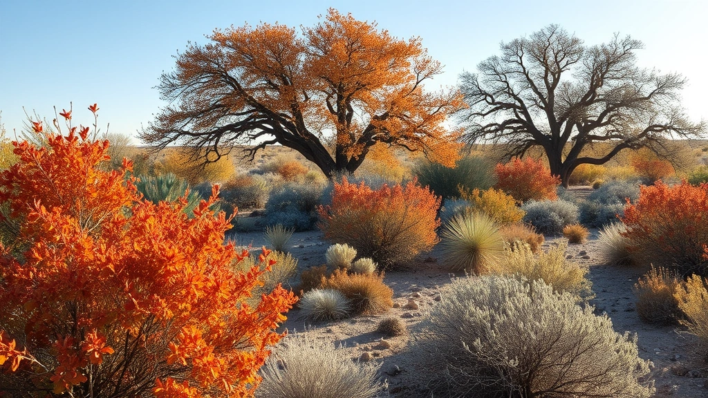 Lubbock Texas landscape with native desert shrubs, flameleaf sumac with orange-red foliage, and bur oak trees creating natural shade patterns in bright sunlight