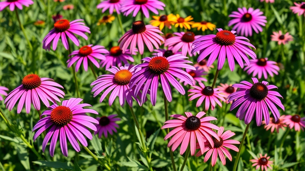 Vibrant purple coneflowers and black-eyed susans blooming in full sun with natural green foliage, photorealistic garden scene
