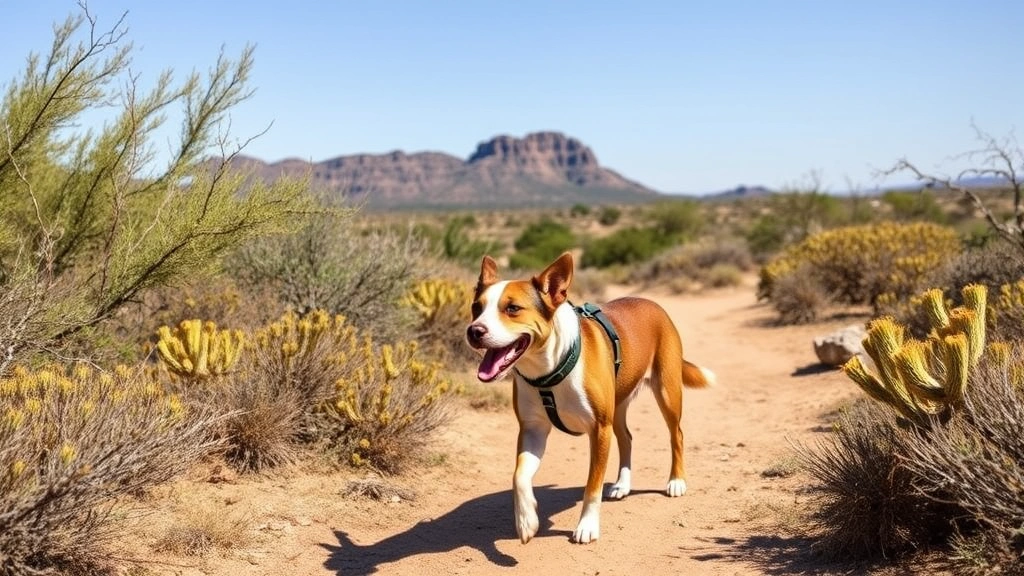 Happy dog walking on leash through park with native Texas vegetation and desert landscape in background, clear sunny day