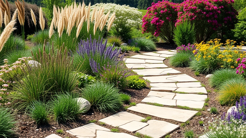 Curved stone stepping stone pathway winding through mixed perennial garden beds with ornamental grasses and blooming shrubs in natural daylight