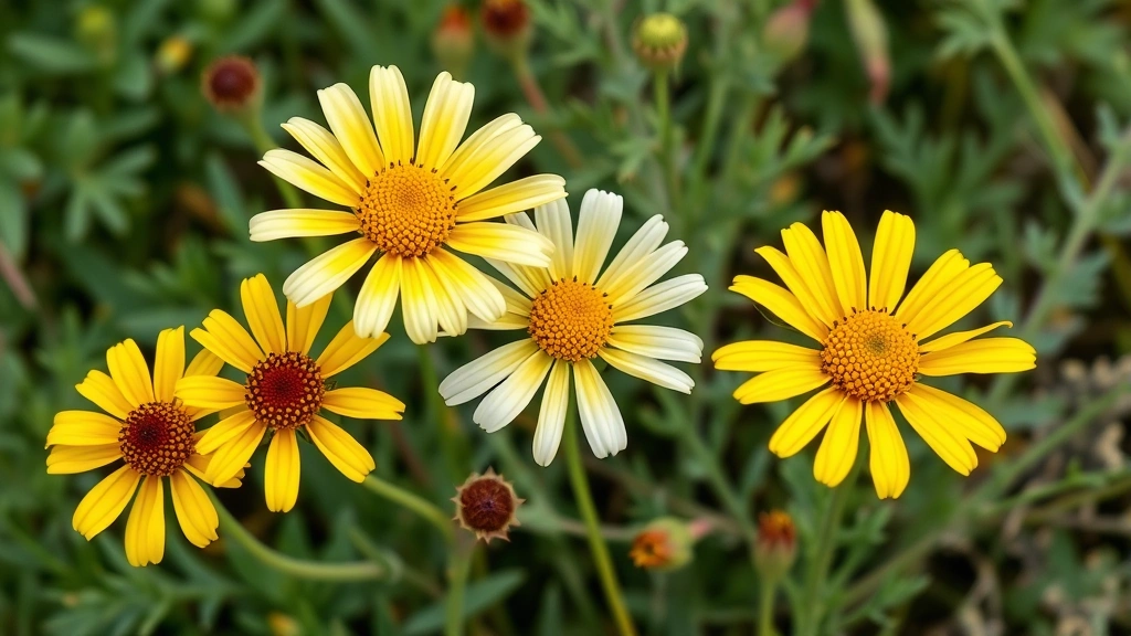 Close-up of desert marigold and blackfoot daisy wildflowers blooming together with vibrant yellow and white petals against green foliage
