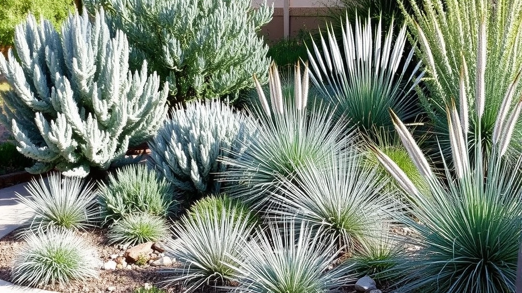 Established xeriscape garden with silvery-leafed shrubs, ornamental grasses, and drought-tolerant plants thriving in afternoon sunlight