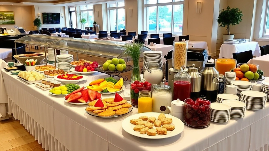 Abundant breakfast buffet display featuring fresh cut fruit, pastries, hot entrees, beverages, and breakfast items artfully arranged on white tablecloths in dining area