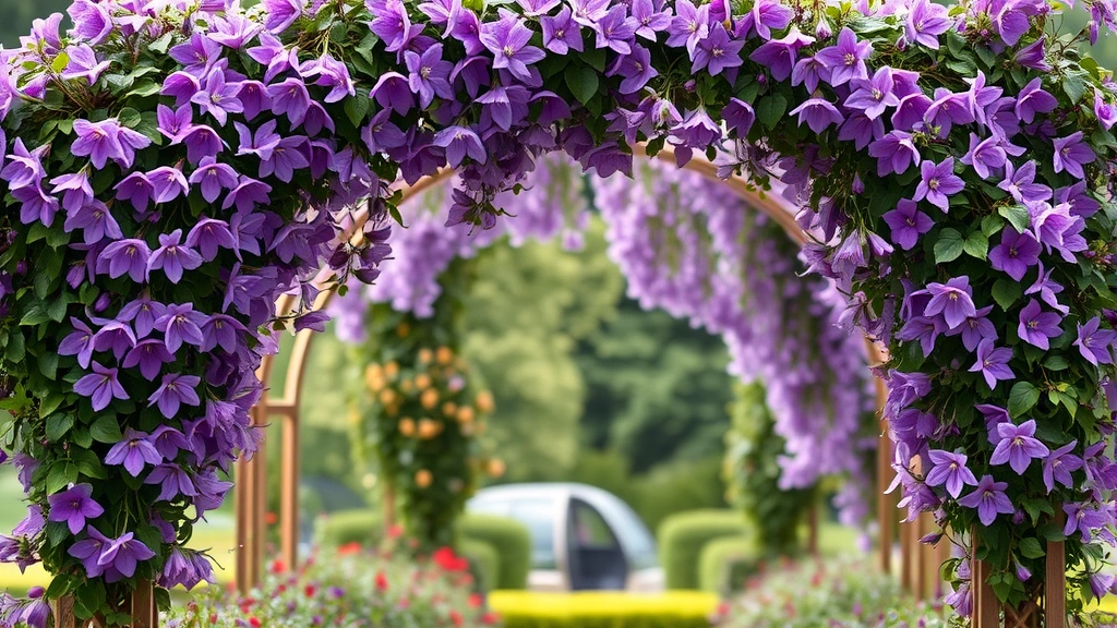 Elegant garden arch covered with climbing clematis vines in full purple bloom, with softly blurred green foliage and planted borders beneath