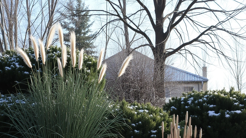 Winter landscape featuring structural interest from ornamental grass seed heads, evergreen shrubs, and bare tree branches in natural light