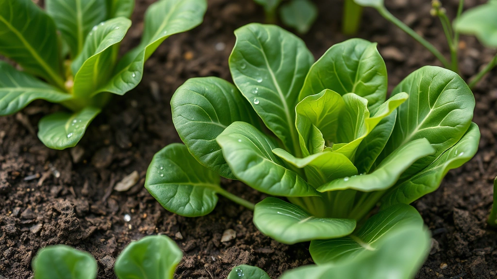 Close-up of fresh bok choy and Chinese broccoli gai lan vegetables growing in moist garden soil with morning dew, showing tender green leaves and natural garden setting
