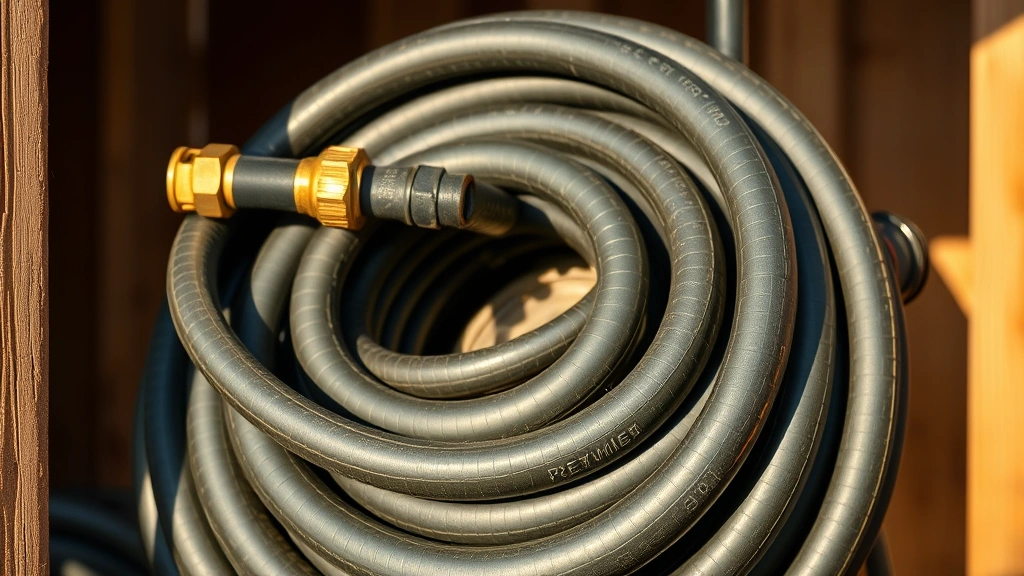Close-up of premium rubber garden hose coiled on professional hose reel in shaded garden shed, showing brass fittings and reinforced construction details, morning light