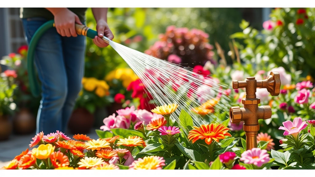 Gardener watering colorful perennial flower beds with rubber hose attached to brass bib, water misting gently over blooms, sunny garden setting
