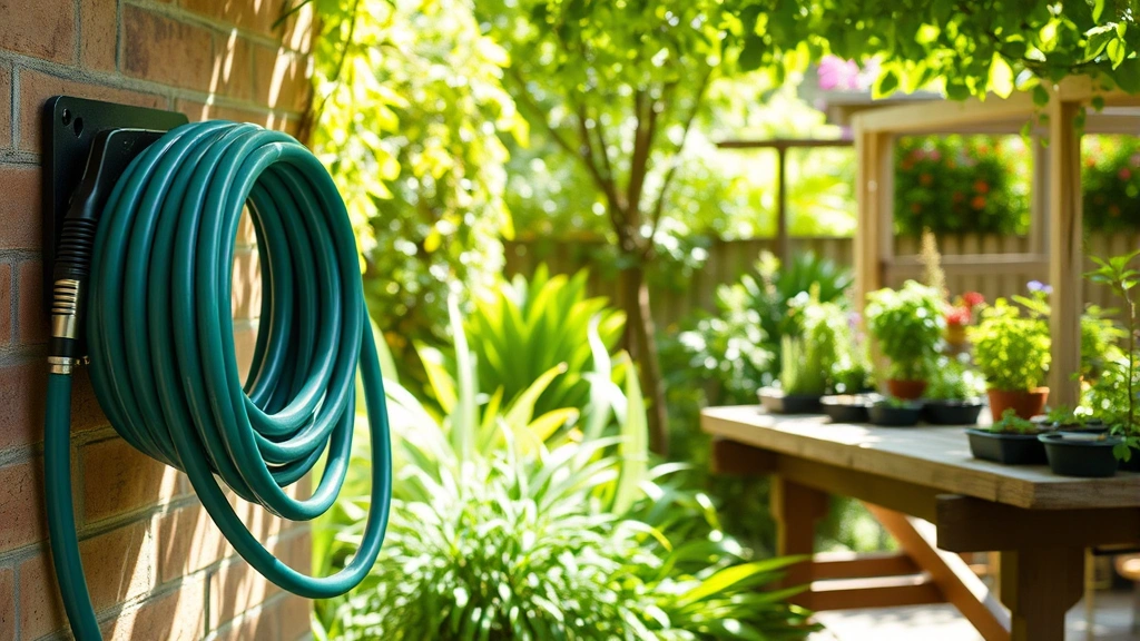 Rubber garden hose properly stored on wall-mounted reel in dappled shade near garden potting bench, with coiled hose showing excellent condition and flexibility
