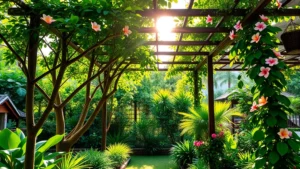 Lush tropical Vietnamese garden with flame trees, frangipani, and bougainvillea in full bloom under bright afternoon sunlight, traditional wooden pergola with climbing vines providing shade