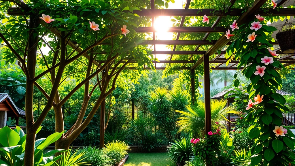 Lush tropical Vietnamese garden with flame trees, frangipani, and bougainvillea in full bloom under bright afternoon sunlight, traditional wooden pergola with climbing vines providing shade