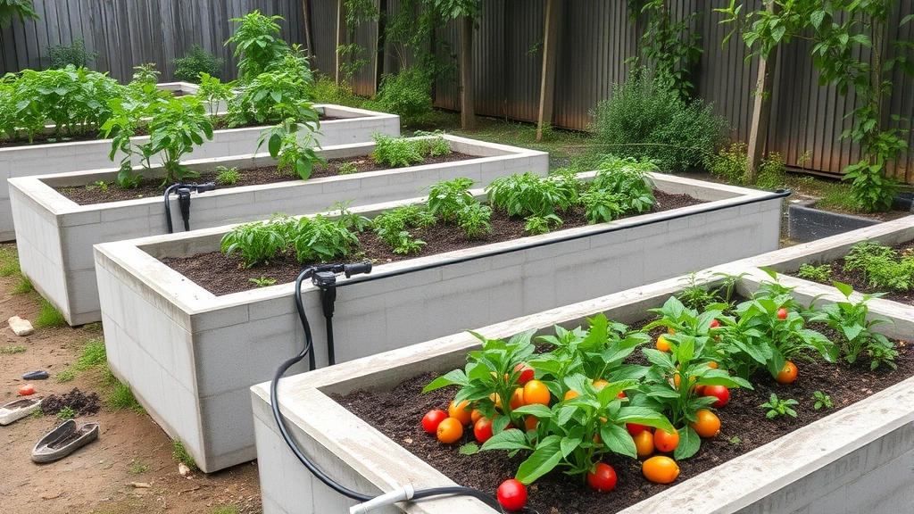 Elevated raised garden beds constructed from concrete blocks with drip irrigation system running through vegetable patches of peppers and herbs during monsoon season