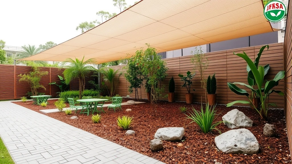 Serene Saigon garden corner featuring permeable paving pathway, mulched planting areas with shade cloth structure overhead, water-tolerant plants and natural stone accents