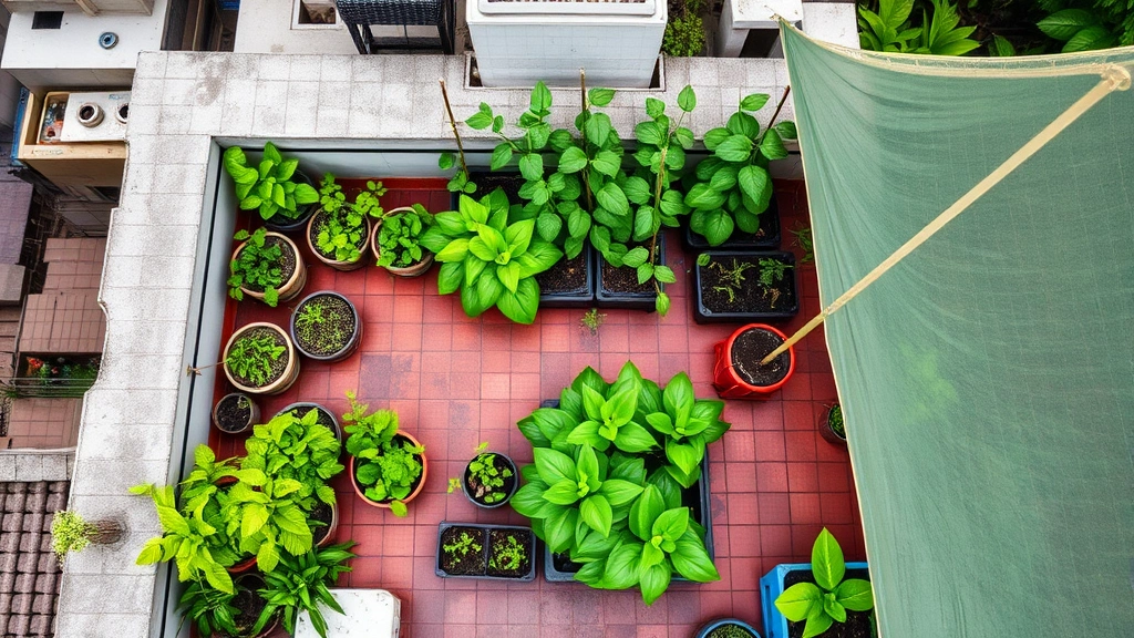 Overhead view of organized urban rooftop garden in Ho Chi Minh City with container plants, hanging baskets, trellised yard-long beans, and shade cloth protecting leafy greens