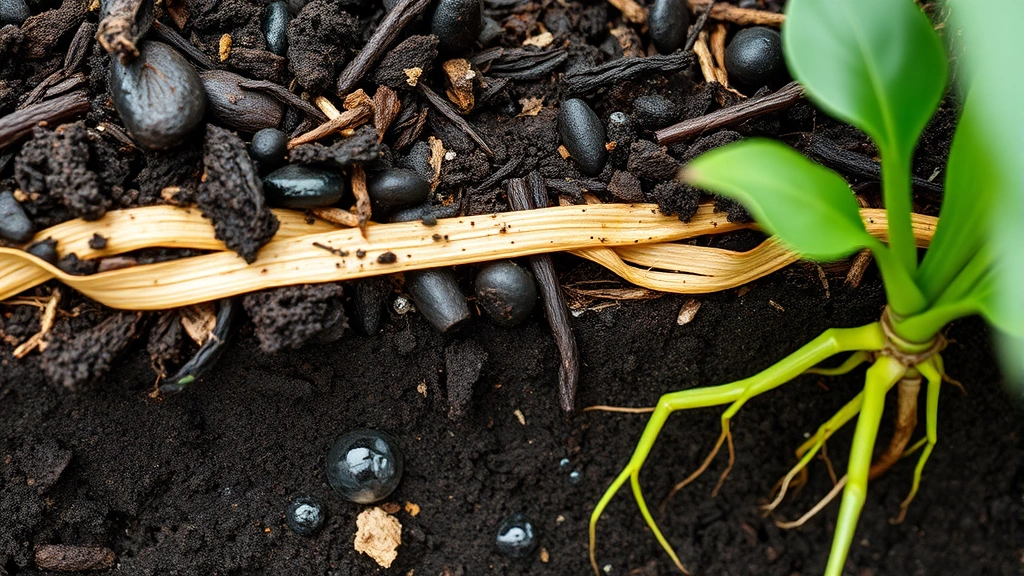 Close-up of healthy soil with rich dark compost, coconut coir mixture, and organic mulch layer in raised garden bed with water droplets and green plant roots visible