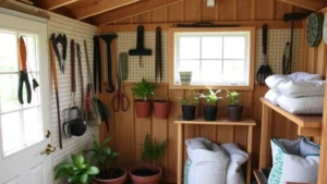 Organized garden shed interior with pegboard wall displaying hanging hand tools, pruning shears, and gardening implements, wooden shelving with potted plants and bags of soil, natural window light streaming in